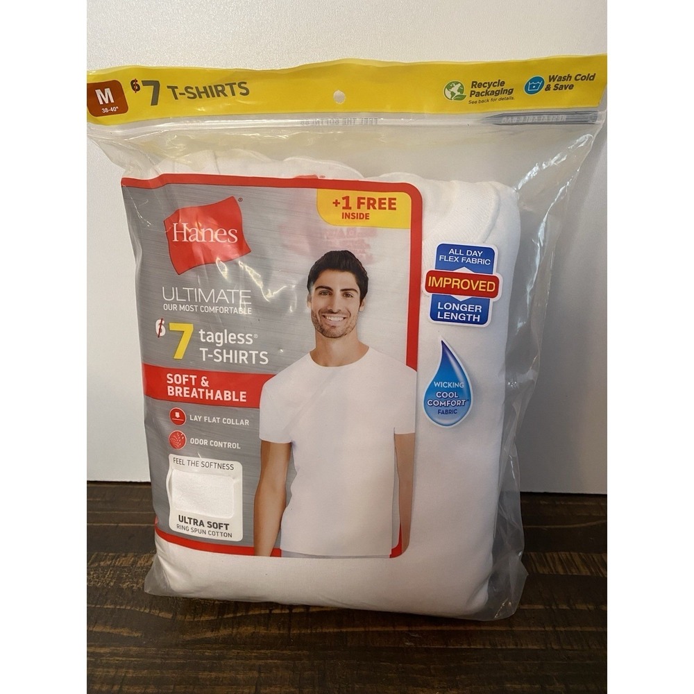 Men's Hanes Size Medium Pack Of 7 Tagless Ultra Soft White T Shirts New 2019